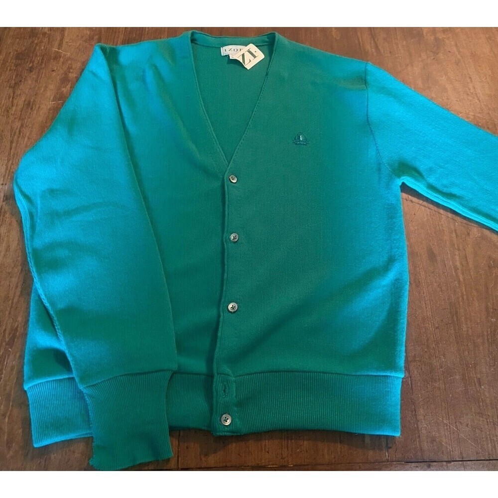 VINTAGE 80S IZOD LACOSTE MINT GREEN TEAL CARDIGAN KNIT ORLON ACRYLIC MADE IN USA